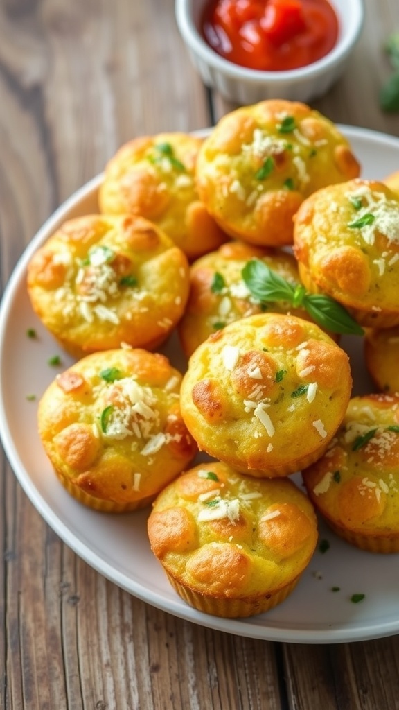 Savory Parmesan zucchini potato muffins on a plate, garnished with herbs, with marinara sauce on the side.